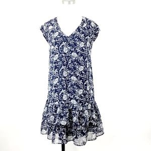 AQUA NAVY FLORAL RUFFLE HEM TUNIC DRESS